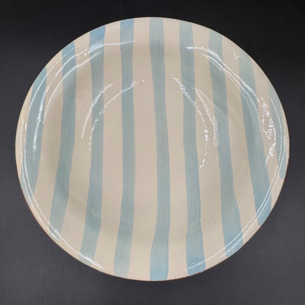 Vintage Vietri Stoneware Salad Bowl Light Blue Stripes Made In Italy Handcrafted